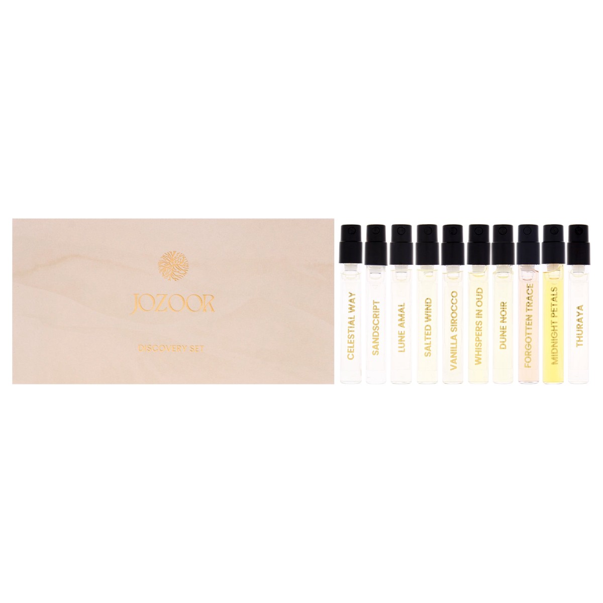 Jozoor Discovery Set by Jozoor for Unisex - 10 Pc Mini Gift Set 2ml Midnight Petals EDP Spray Vial, 2ml Whispers In Oud EDP Spray Vial, 2ml Vanilla Sirocco EDP Spray Vial, 2ml Lune Amal EDP Spray