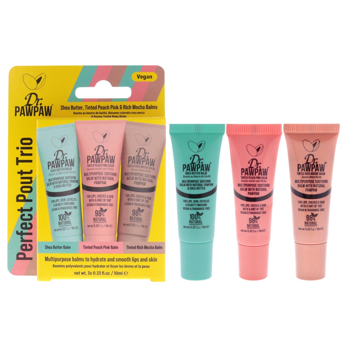 Dr. PawPaw Mini Perfect Pout Trio by Dr. PawPaw for Women - 3 Pc 0.33oz Lip Balm - Peach Pink, 0.33oz Lip Balm - Shea Butter, 0.33oz Lip Balm - Rich Mocha