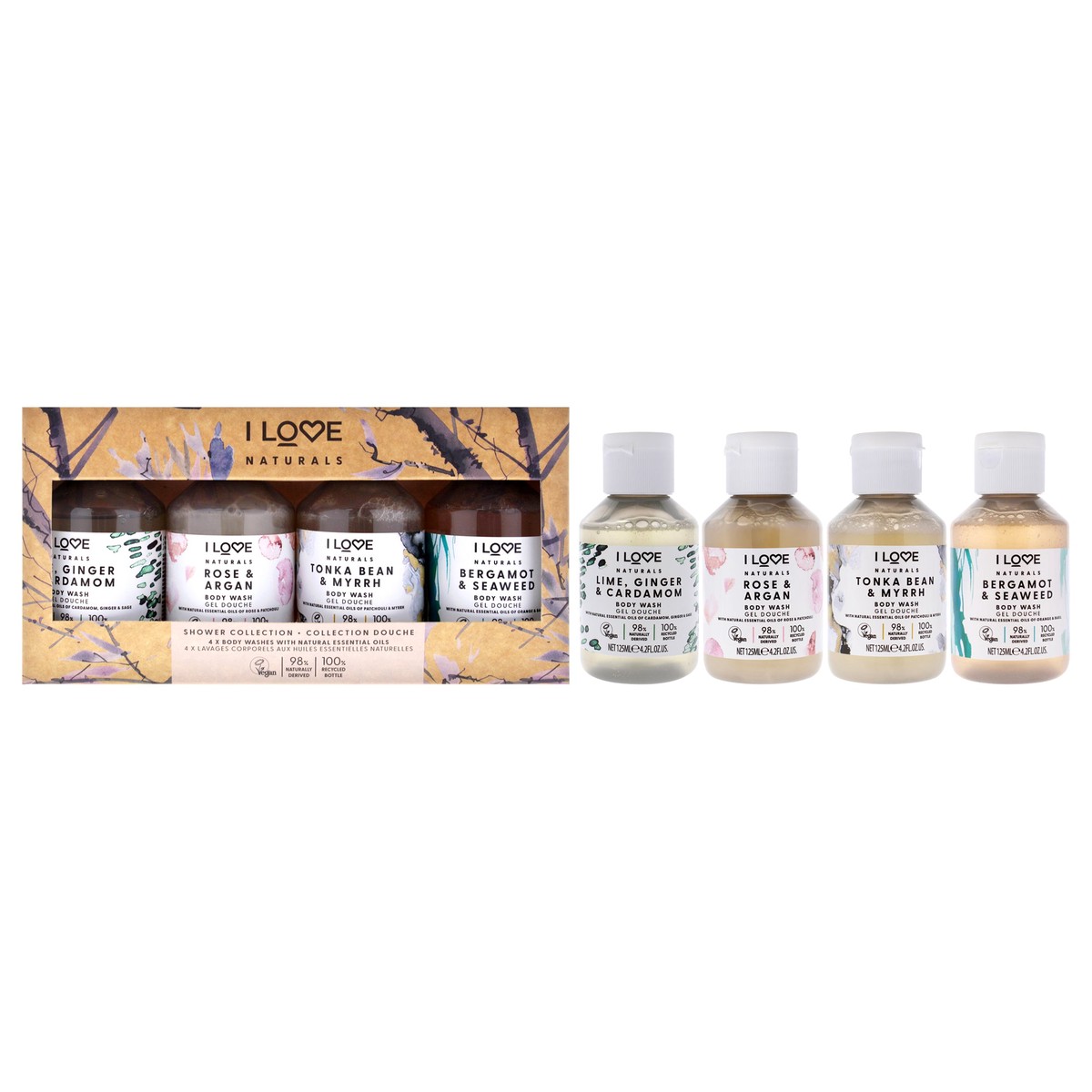 I Love Cosmetics Shower Collection by I Love Cosmetics for Women - 4 Pc 4.2oz Body Wash - Lime Ginger and Cardamon, 4.2oz Body Wash - Rose and Argan, 4.2oz Body Wash - Tonka Bean and Myrrh, 4.2oz