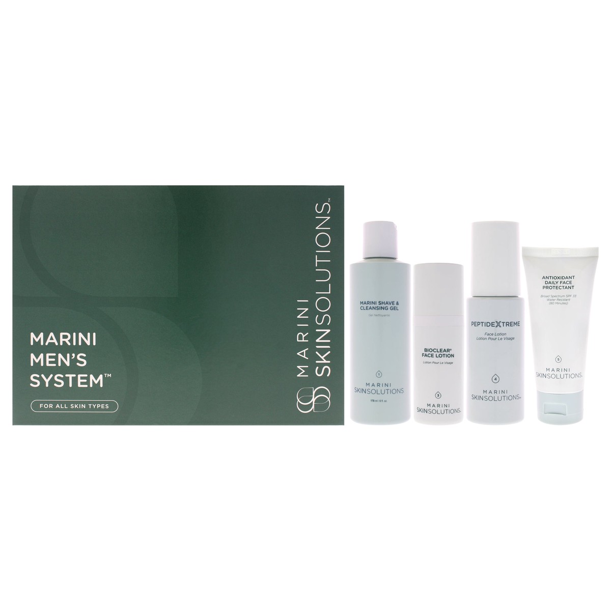 Marini SkinSolutions Marini Men System by Marini SkinSolutions for Men - 4 Pc 6oz Marini Shave And Cleansing Gel, 1oz Bioclear Face Lotion, 1oz Peptide Xtreme Face Lotion, 2oz Antioxidant Daily