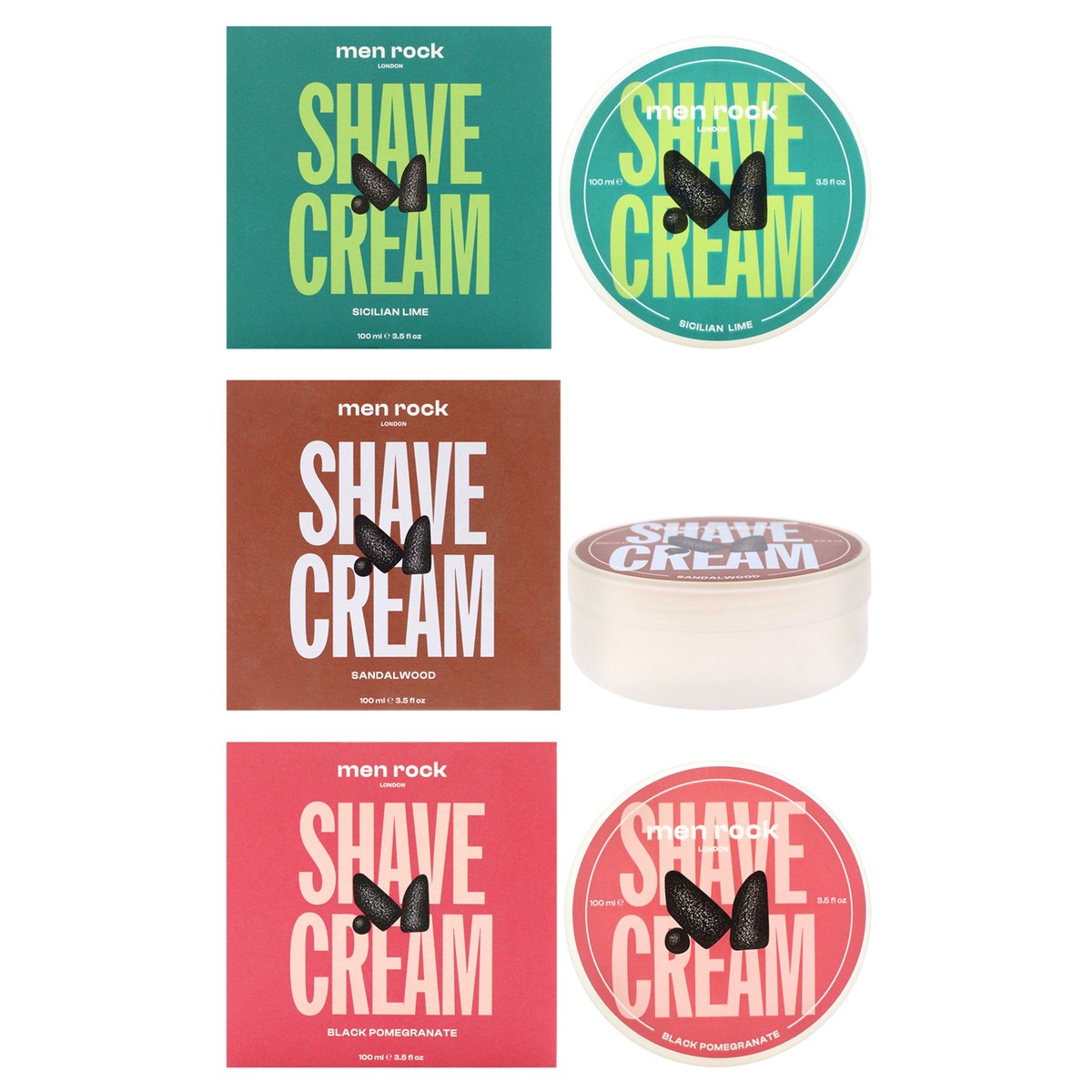 Men Rock Shave Cream Kit by Men Rock for Men - 3 Pc Kit 3.5oz Shave Cream - Sicilian Lime, 3.5oz Shave Cream - Sandalwood, 3.5oz Shave Cream - Black Pomegranate